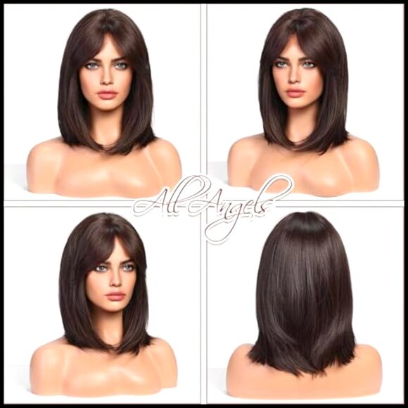Straight Synthetic Wig with Curtain Bangs Shoulder Length Natural Daily Use main image 6